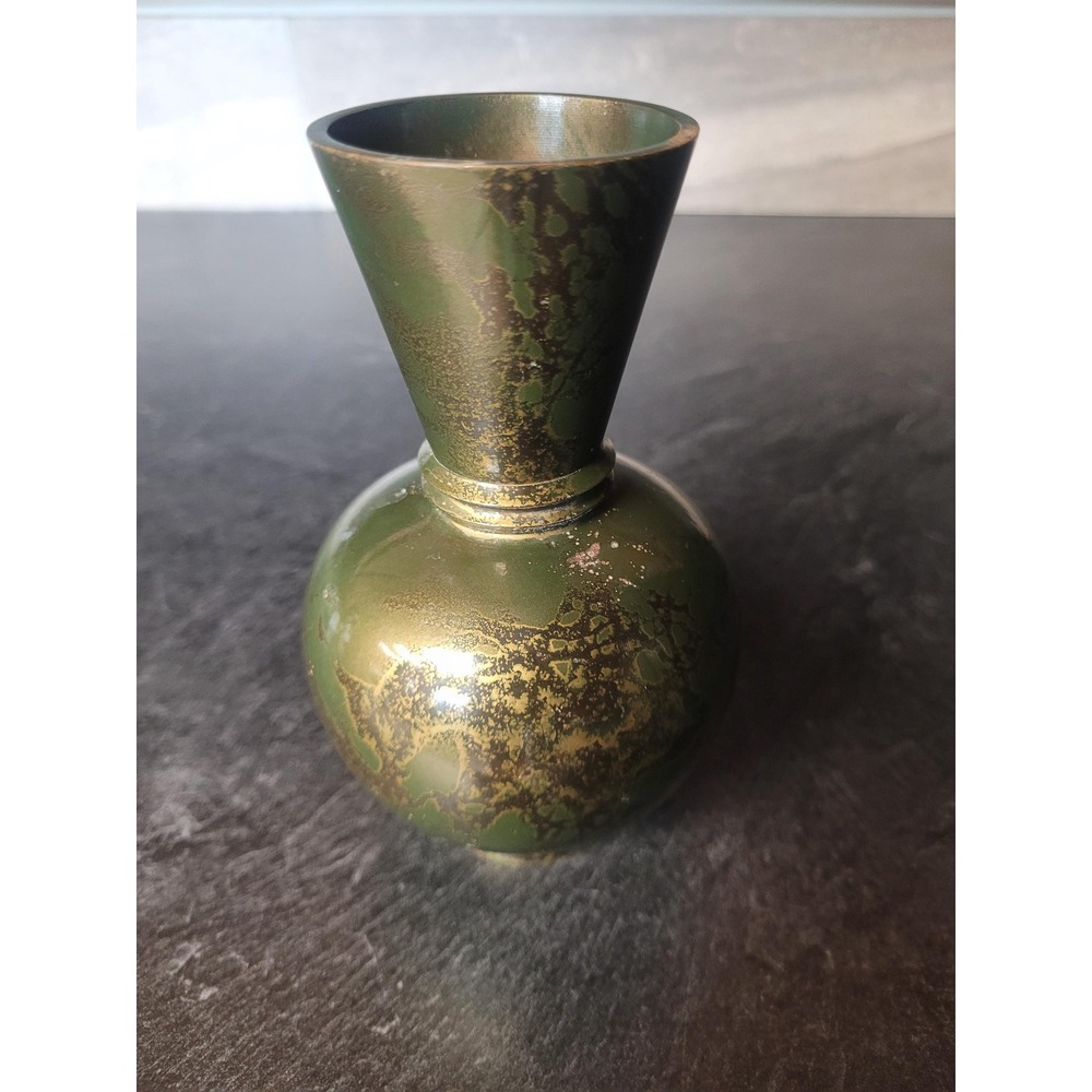 Vintage Miniature Brass Bud Vase Green Gold Enamel Verdigris Trumpet Neck 4.5"‎
